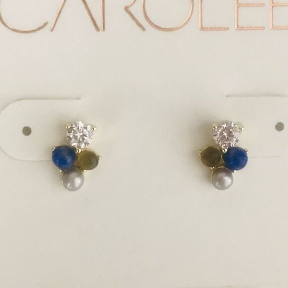 CAROLEE Stone & Freshwater Pearl Stud Earrings, Blue/Yellow/Gold, Pearl, NWT - Picture 6 of 9
